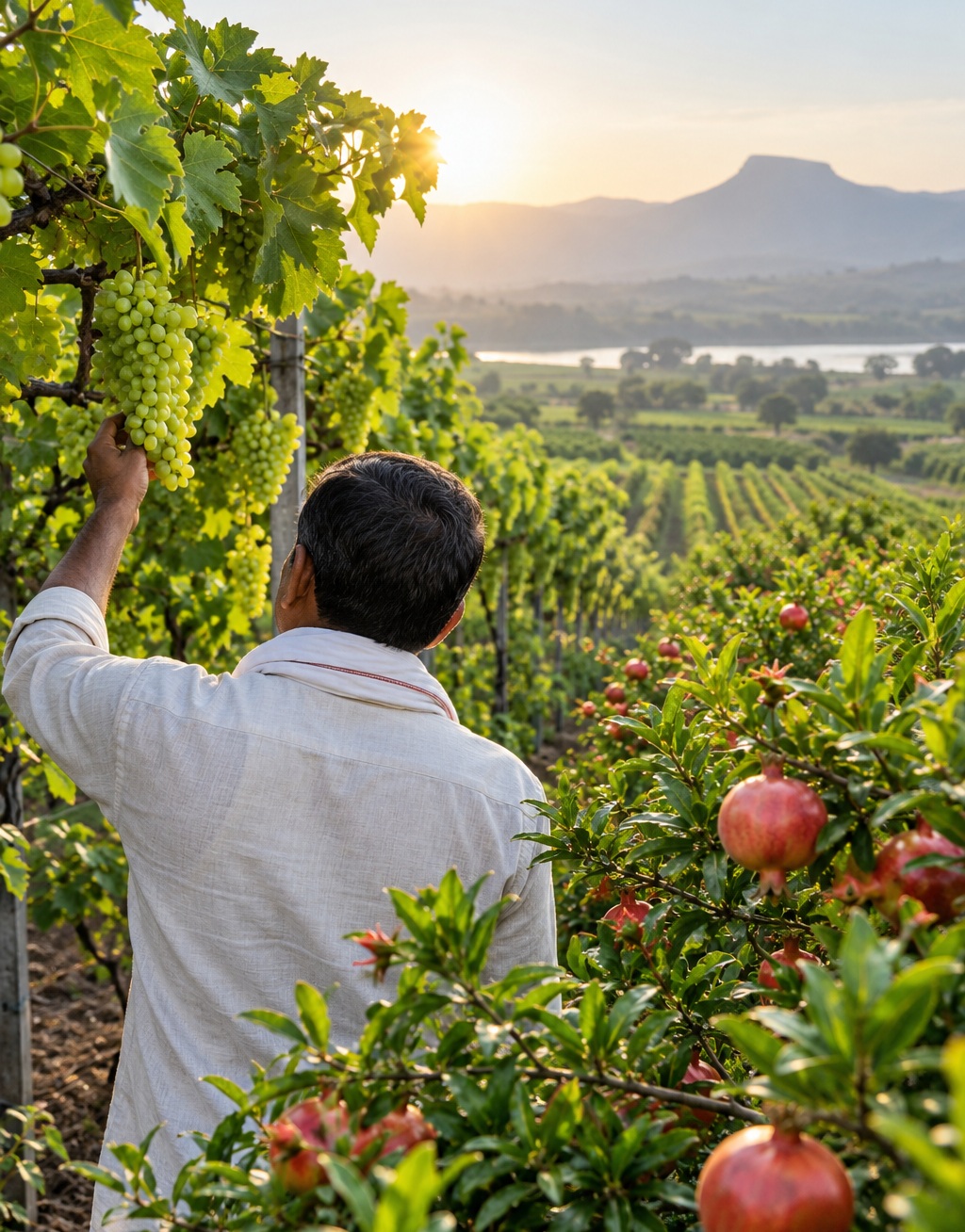 A grower tending grapes and pomegranate crops in an agricultural landscape